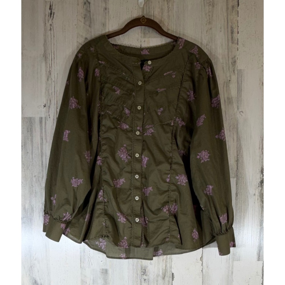 Talbots Blouse 2XP Olive Green Floral Pintuck Cotton Boho Garden Prairie Cottage